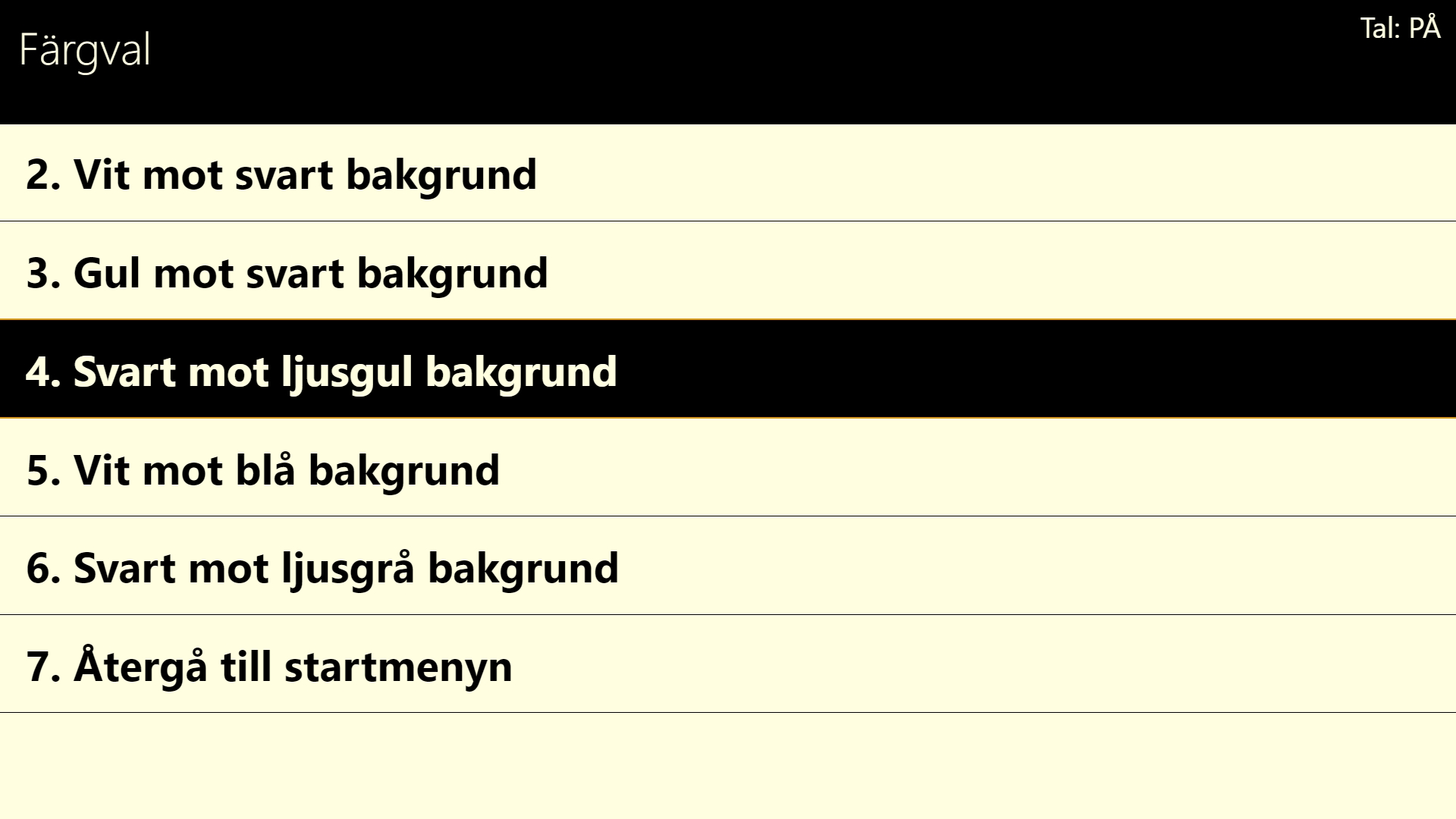 Tango Kids färgvalsmeny med svart text på ljusgul bakgrund.