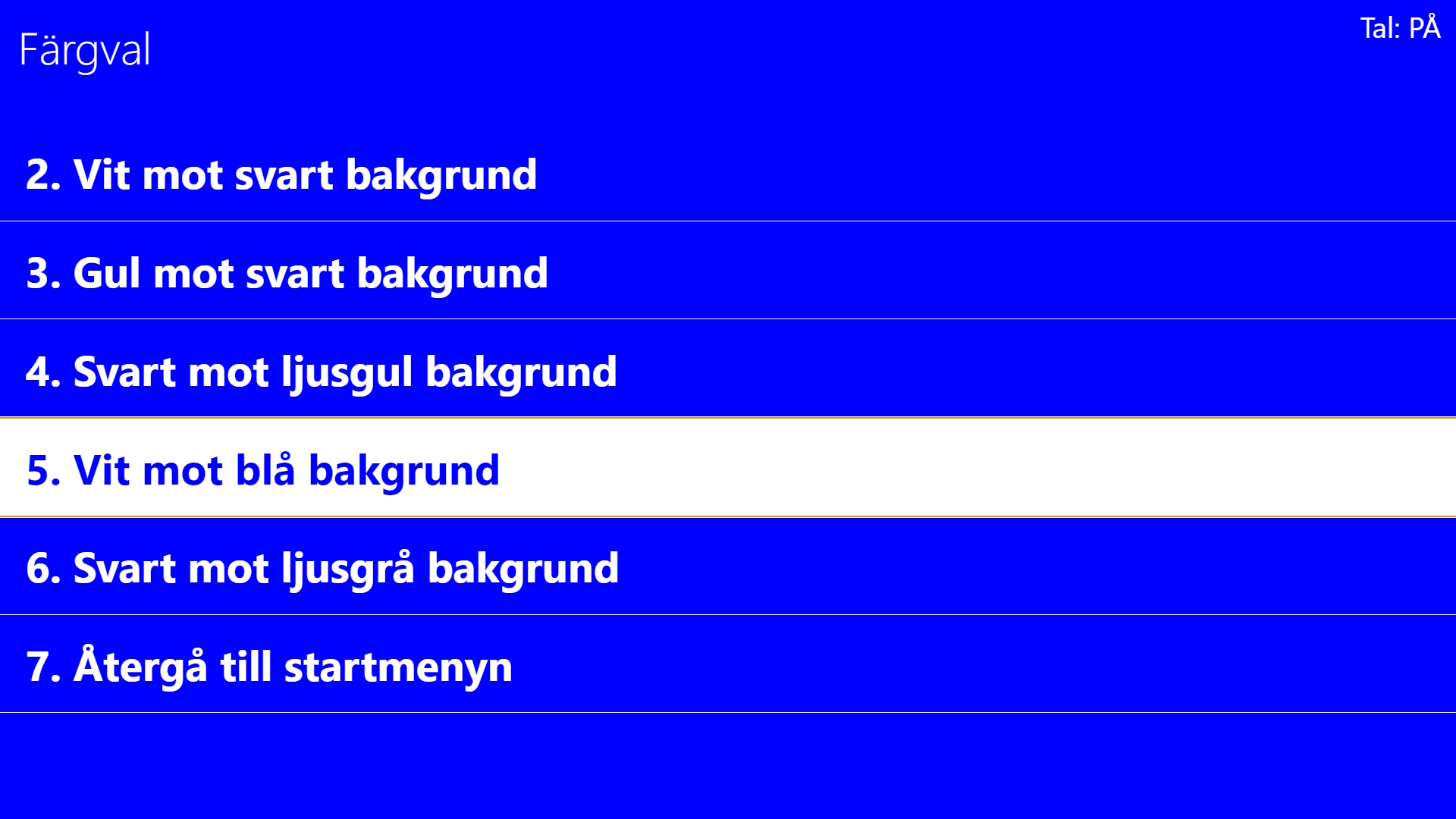 Tango Kids färgvalsmeny med vit text på blå bakgrund.