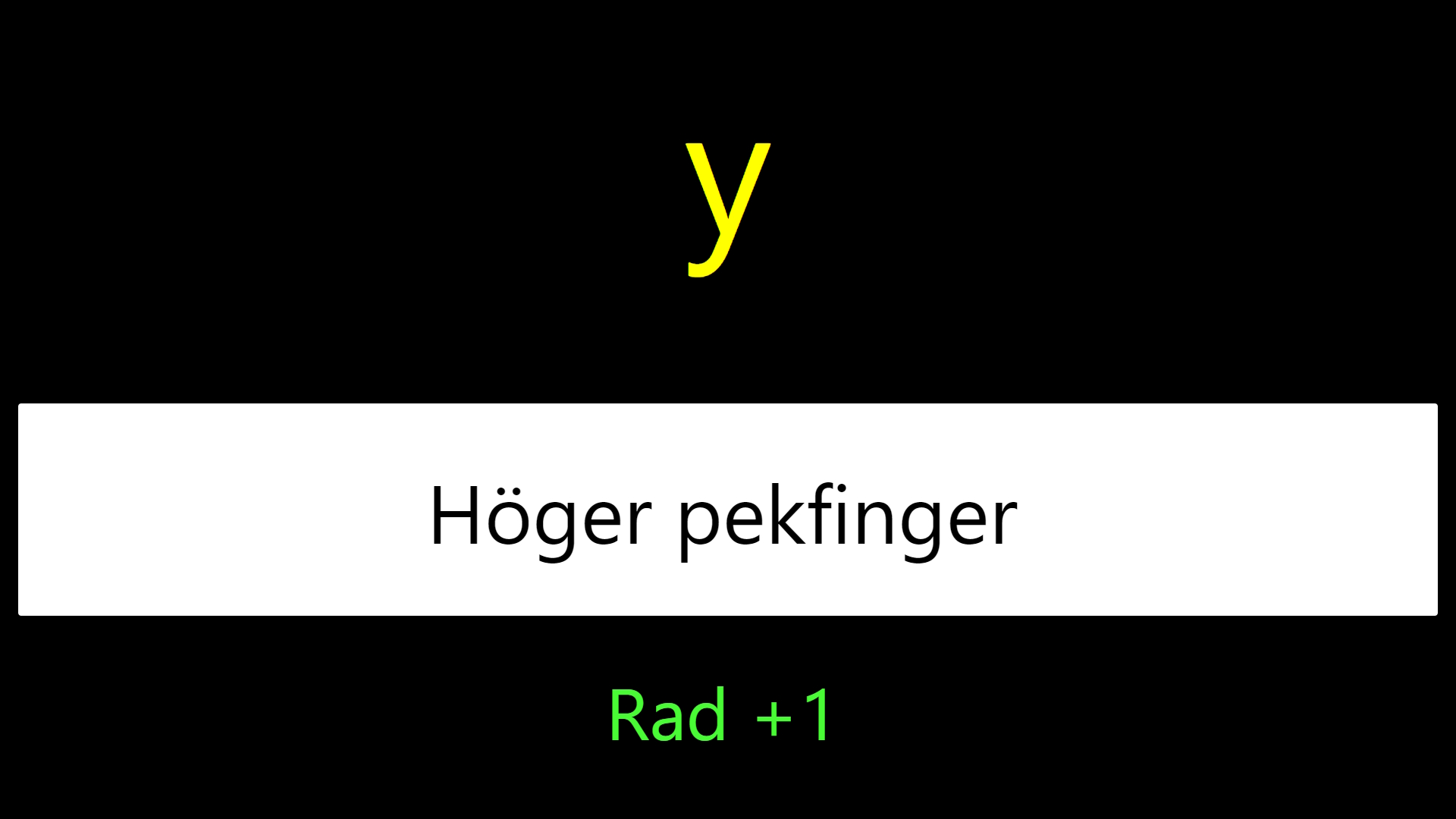 Övningen Rätt finger visar bokstaven y, instruktionen Höger pekfinger och Rad +1.