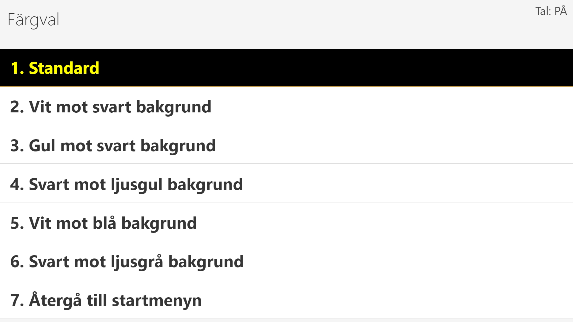 Tango Kids färgvalsmeny i standardläget med svart text på ljus bakgrund.