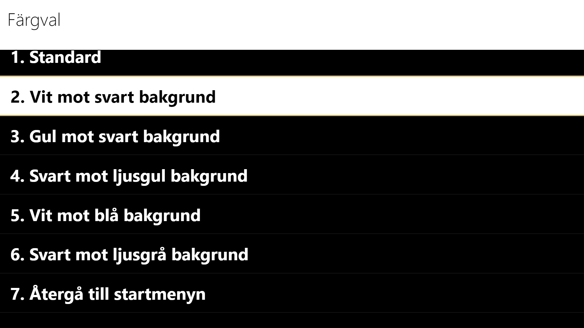 Tango Kids färgvalsmeny med vit text på svart bakgrund.